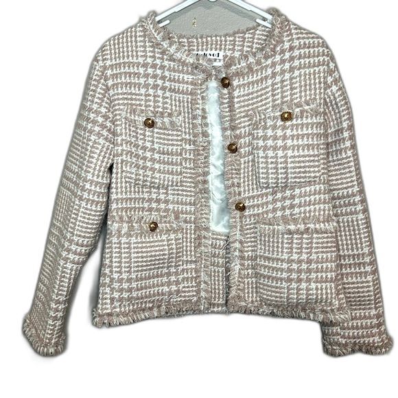 Beloved neutral pink fringe trim houndstooth tweed blazer size small - Picture 1 of 8